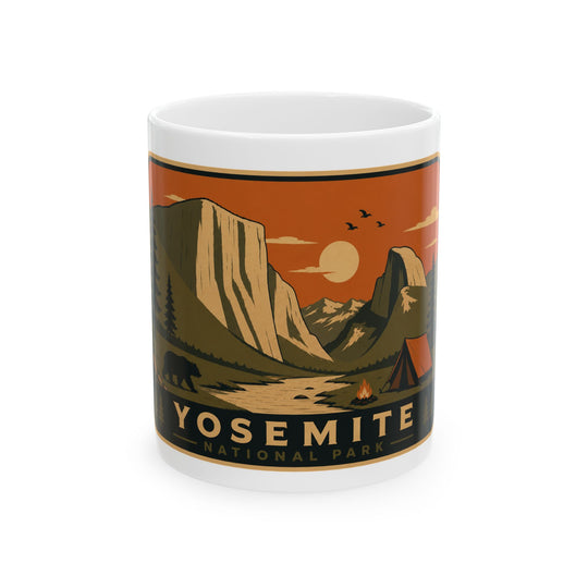 Yosemite National Park Vintage Campfire Mug — Retro Outdoor Ceramic Coffee Cup (11oz, 15oz)